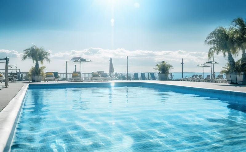 pool blue luxury swimming water home palm large summer relaxation. Generative AI.