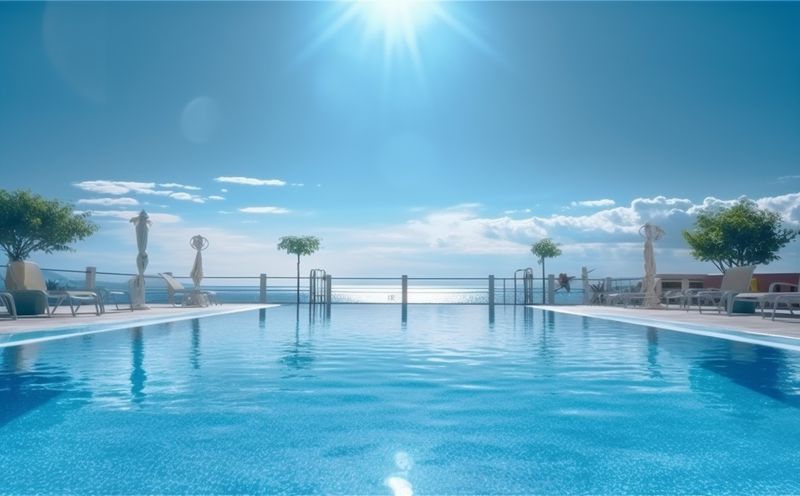 blue luxury relaxation summer swimming home water palm pool large. Generative AI.