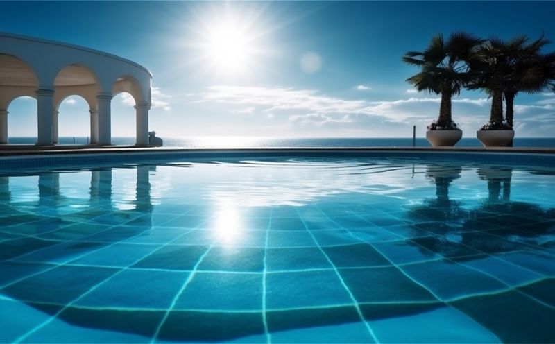 blue swimming home water relaxation pool summer palm luxury large. Generative AI.