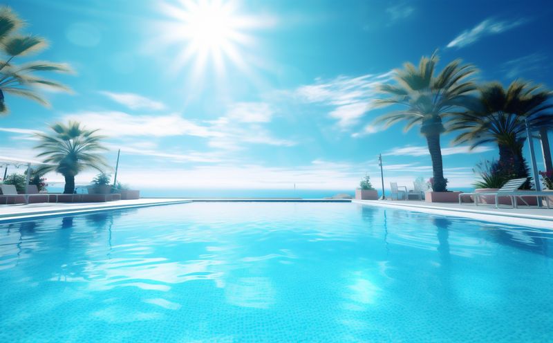 summer water pool swimming palm large home blue relaxation luxury. Generative AI.