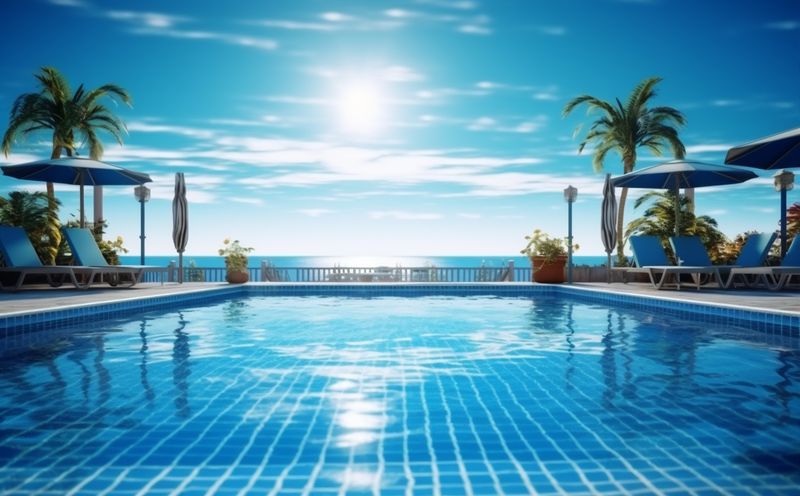pool luxury blue large water summer home palm relaxation swimming. Generative AI.