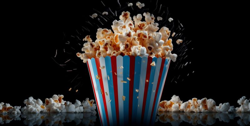 blue entertainment box fluffy popcorn corn background food cinema white snack. Generative AI.