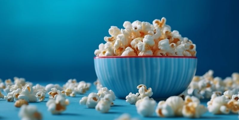 white blue box background salty snack corn popcorn entertainment cinema food. Generative AI.