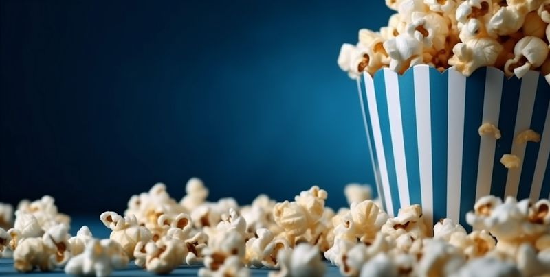 white popcorn box food snack entertainment corn background cinema carton blue. Generative AI.