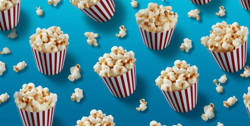 box white cinema blue corn entertainment striped food background snack popcorn. Generative AI.