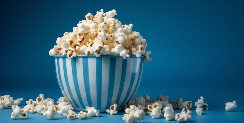 box background white cinema entertainment corn snack food delicious popcorn blue. Generative AI.
