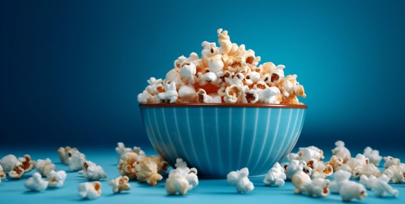 entertainment corn background blue cinema box refreshment snack white food popcorn. Generative AI.