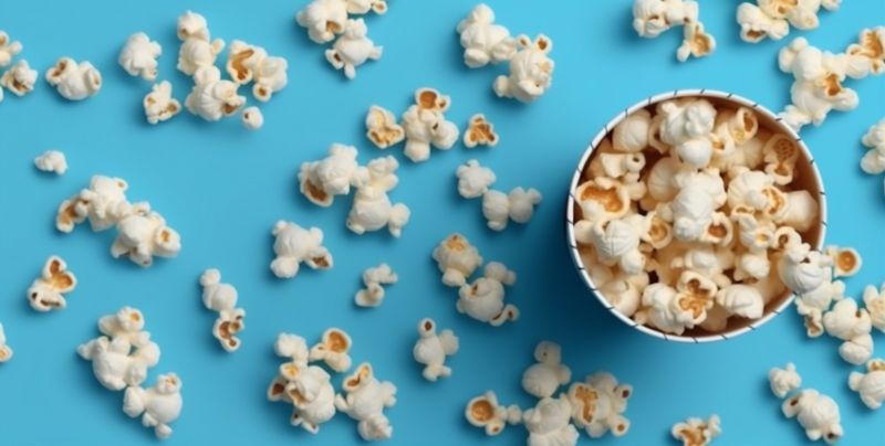 popcorn food corn white cinema box background blue poster snack entertainment. Generative AI.