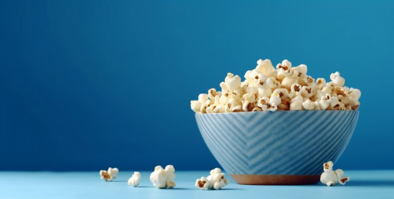 cinema food entertainment snack background popcorn blue white poster corn box. Generative AI.
