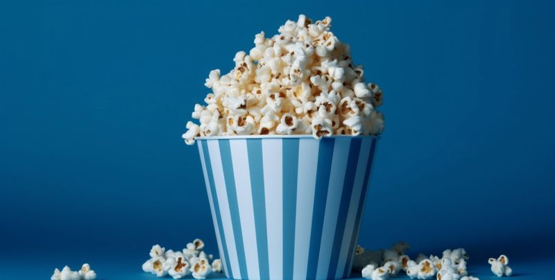 popcorn corn film snack cinema box food entertainment blue background white. Generative AI.