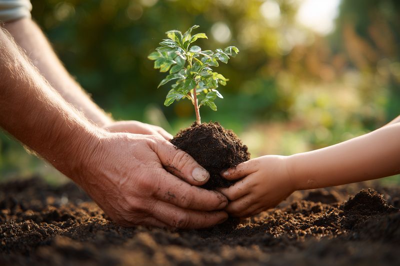 Close-up of adult and child hands planting a young seedling in fertile soil, symbolizing environmental care, gardening teamwork, growth and intergenerational connection in sunlight.