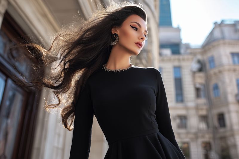 Elegant young woman in a black dress poses outdoors on a city street, wind tousling her long hair. Fashion portrait captures confident expression, jewelry and timeless refined style.