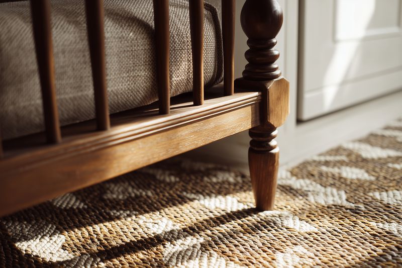 Close-up of a wooden bed frame leg on a woven patterned rug with soft sunlight highlighting texture, creating a warm and cozy interior scene focused on furniture details.
