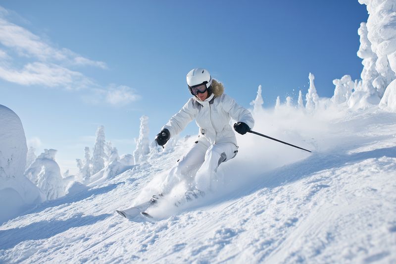 A skier in white winter gear carves through deep powder on a sunny snowy mountain, kicking up spray while navigating a pristine alpine slope with helmet and poles.