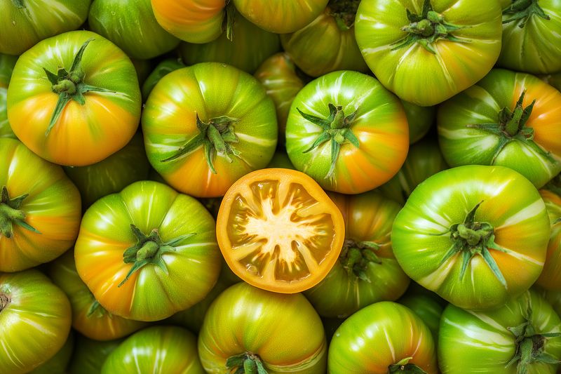 Close-up pile of green tomatoes with one sliced to reveal a yellow interior, highlighting fresh unripe produce, natural texture, vibrant pattern and organic garden harvest for food imagery.