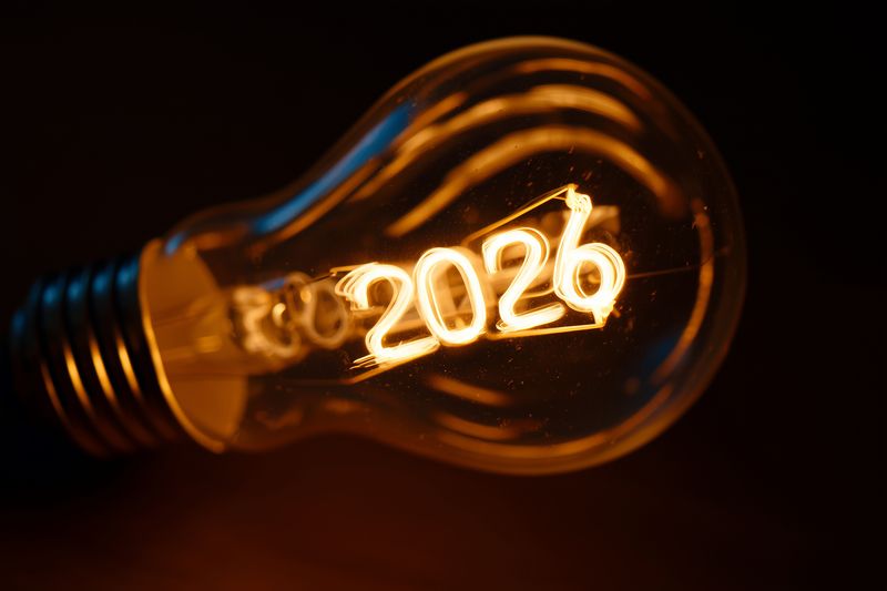 Glowing incandescent bulb with a filament shaped into the numbers 2026, casting warm amber light and symbolizing future ideas, innovation, celebration and optimism in a dark setting.