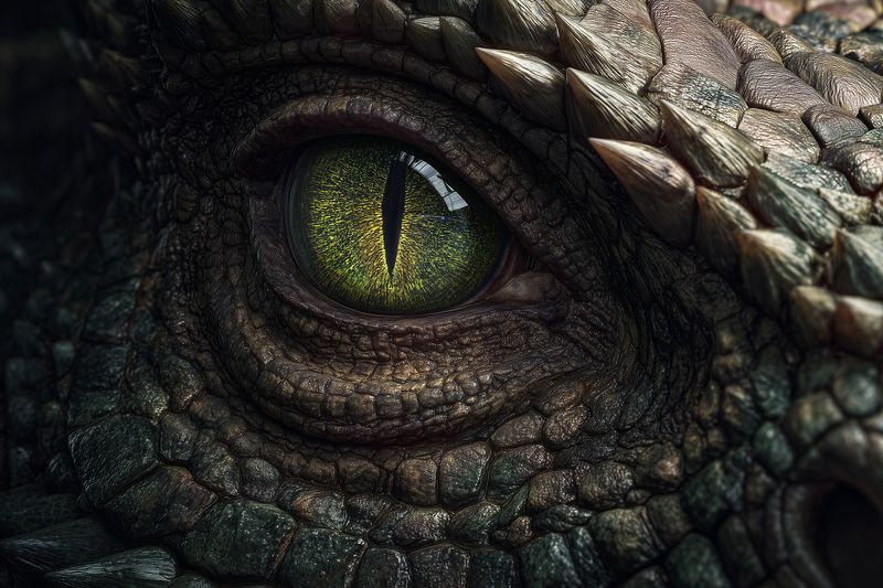 Close-up macro photograph of a reptile eye and textured scaly skin, dramatic lighting revealing fine detail of pupil and iris, rugged surface and dark moody tones throughout.
