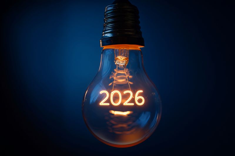 Glowing incandescent bulb with filament forming the numbers 2026, suspended against a dark blue background, symbolizing future ideas, innovation and new year inspiration.
