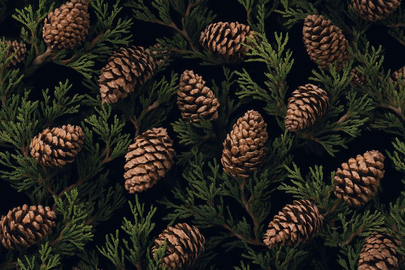 Close-up pattern of brown pine cones and green evergreen branches arranged on a dark background, creating a natural textured composition suitable for seasonal and nature themes.
