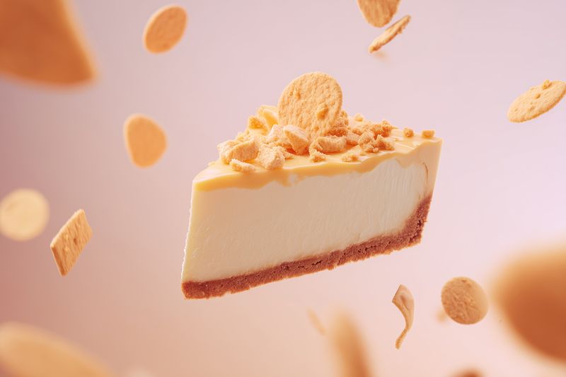 Creamy cheesecake slice with a buttery crumb crust and crunchy biscuit pieces suspended midair against a soft pastel backdrop, highlighting texture, motion and indulgent dessert appeal.