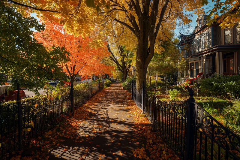 Sunlit autumn neighborhood sidewalk lined with colorful fall trees, wrought iron fences and Victorian houses, fallen leaves covering the walkway in warm golden afternoon light.