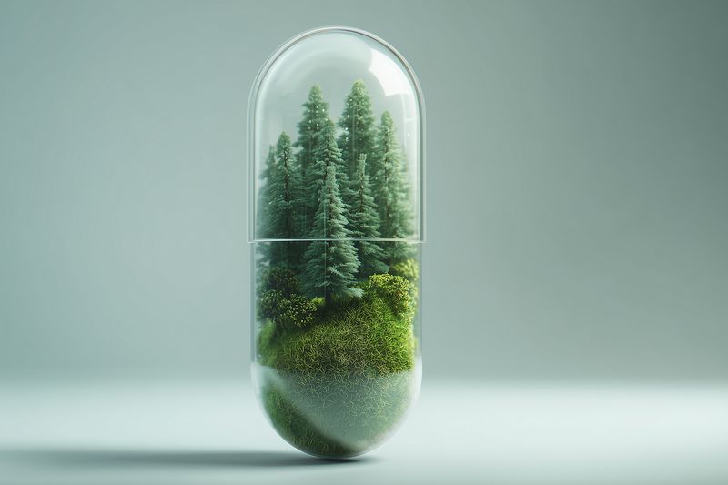 A conceptual glass capsule containing a miniature forest with evergreen trees and moss, symbolizing nature preservation, ecological medicine, and sustainable living in a serene studio setting.