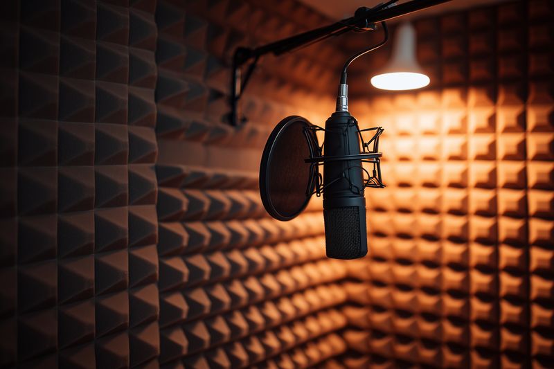 Close-up of a professional condenser microphone with pop filter suspended in an acoustic foam recording studio, warm ambient lamp light creating moody atmosphere for vocal recording.