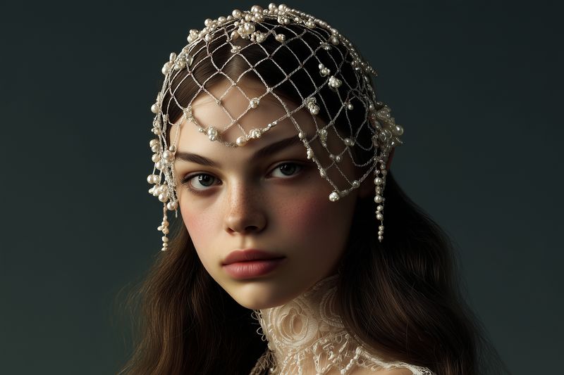 Close-up studio portrait of a young woman wearing an ornate pearl headpiece and lace collar, soft dramatic lighting highlighting freckles, porcelain skin and expressive eyes.