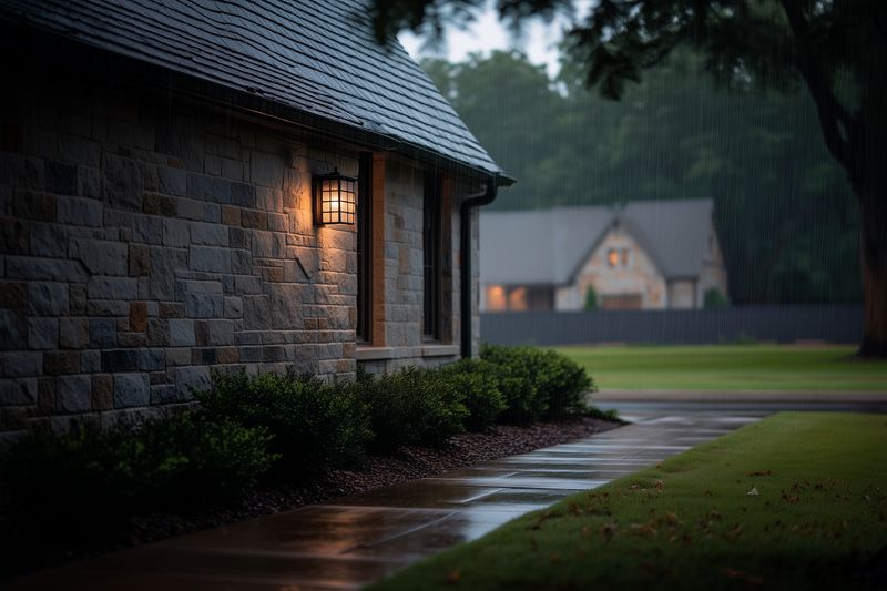 Warm porch light illuminates a stone house exterior on a rainy evening, with wet sidewalk reflections, manicured lawn and soft atmospheric bokeh of a distant home in subdued twilight.