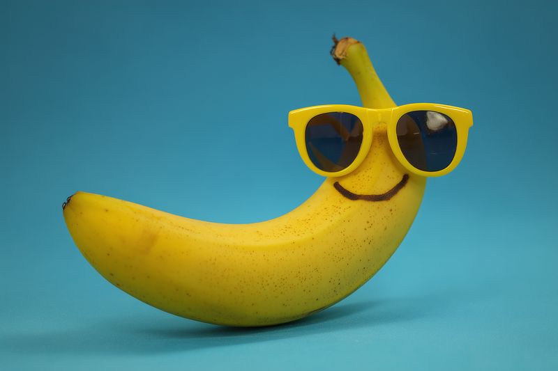 Bright yellow banana wearing sunglasses and a painted smile on a blue background, playful studio concept evoking summer fun and healthy snack imagery ideal for advertising and social media.