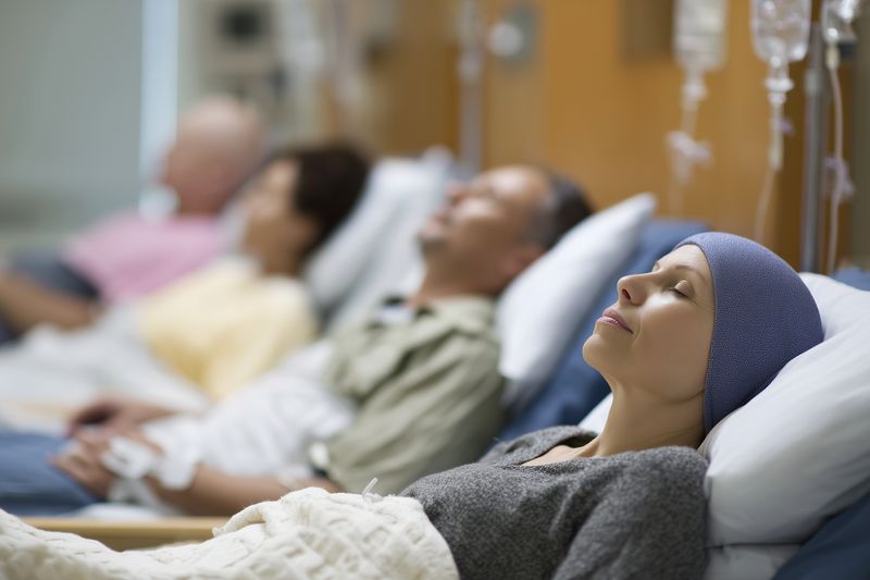 Patients resting in a medical ward receiving intravenous therapy, lying on beds with IV drips and blankets, peaceful expressions and visible monitoring equipment in a calm setting.