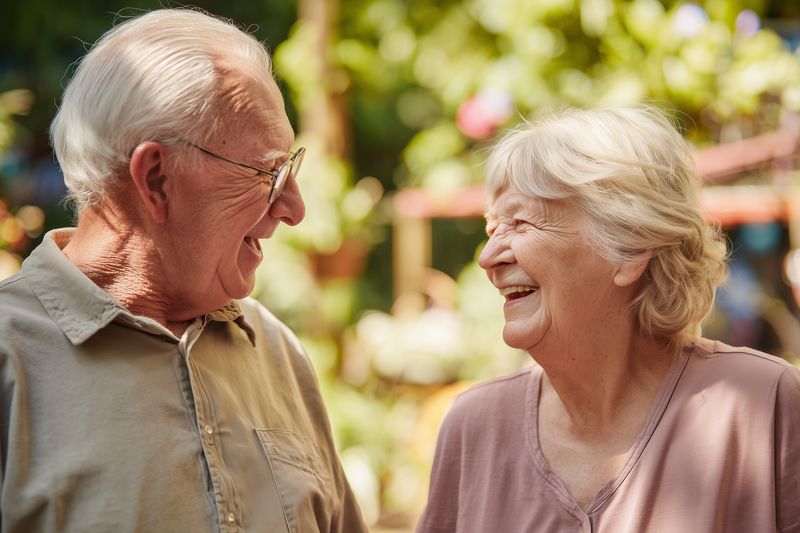 Elderly couple sharing a joyful moment outdoors, smiling and laughing together in a sunlit garden with blurred foliage background, conveying warmth, companionship and positive aging.