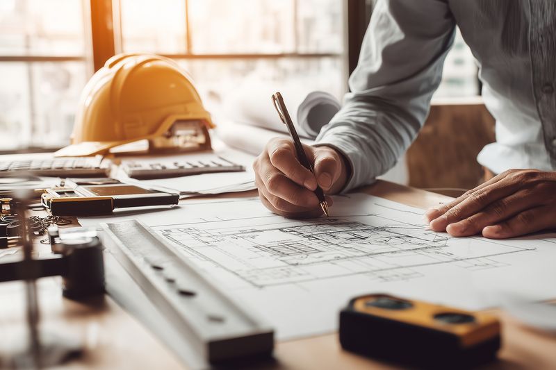 Architect or engineer working on detailed blueprint at desk with measuring tools, hard hat and rolled plans nearby, warm sunlight highlighting hands and drafting instruments.