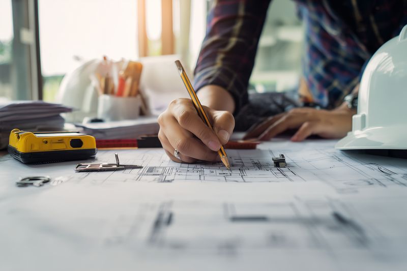 Architect or engineer sketching detailed building blueprints on a bright desk surrounded by measuring tools, hard hat and tape measure, focused hands planning precise construction design.