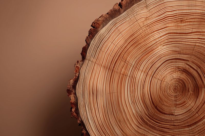 Close-up of a tree trunk cross-section showing detailed concentric growth rings and textured wood grain, warm brown tones and rough bark edge, natural pattern and rustic surface.