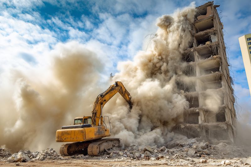 Yellow excavator demolishes a multi story concrete building amid a massive dust cloud, creating falling debris and rubble at an active urban demolition site under a cloudy blue sky.