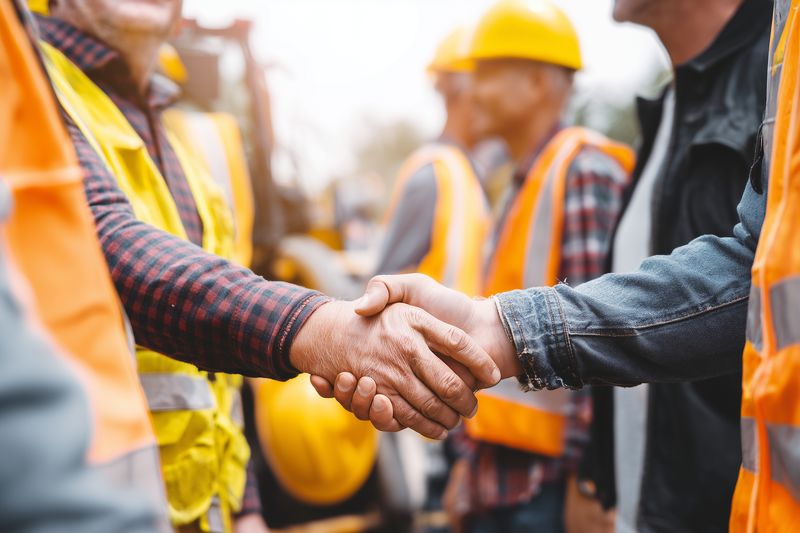 Construction workers shaking hands on a busy worksite, closeup of a firm handshake between laborers wearing reflective safety vests and helmets, symbolizing teamwork and agreement.