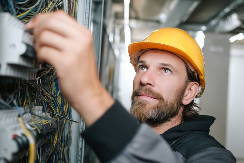Close-up of a male electrician wearing a yellow hard hat inspecting and wiring an electrical panel inside an industrial interior, focused on safety and skilled technical maintenance work.
