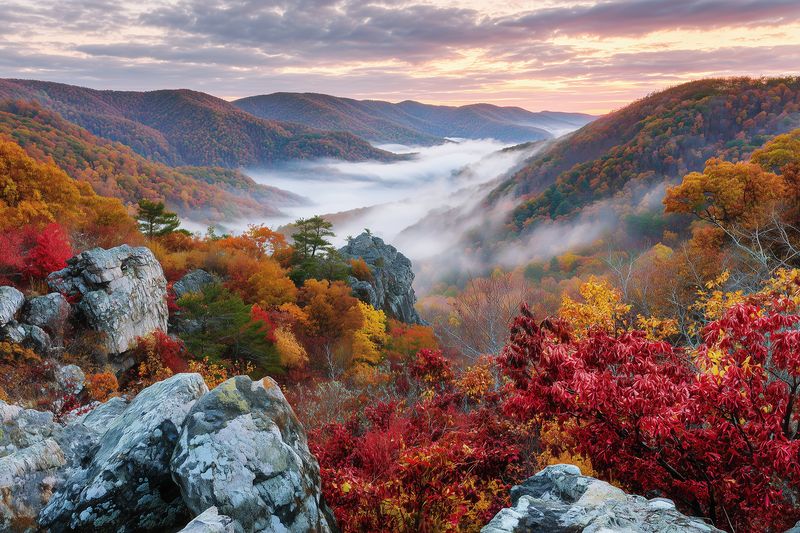 Autumn mountain valley at sunrise with colorful fall foliage, rocky outcrops and low morning fog settling in the distant ridges, creating a peaceful landscape and soft pastel sky.