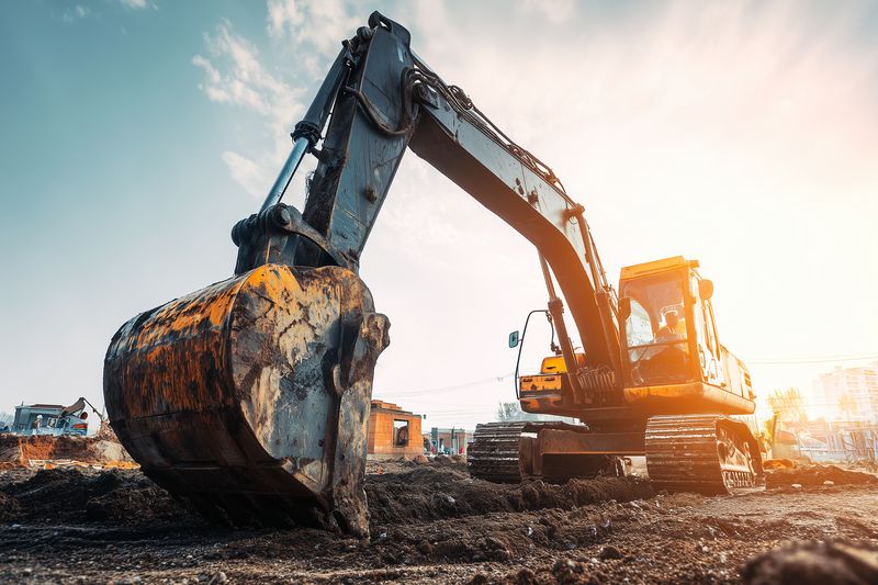 Large excavator parked on a construction site at sunrise, heavy bucket resting on muddy ground with dramatic lighting and urban buildings blurred in the background.