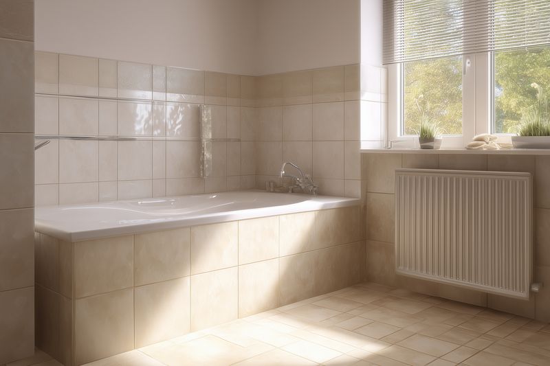 Sunlit minimalist bathroom with beige tiled walls and matching floor, built-in bathtub under a window with blinds, radiator and potted plants creating a calm, warm airy retreat.