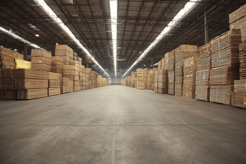 Spacious warehouse interior filled with towering stacks of sawn timber and neatly organized wooden planks, showcasing large scale storage and construction material supply.