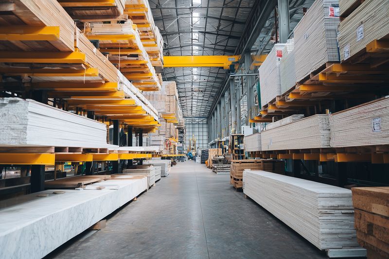 Spacious industrial warehouse interior with organized racks of stacked lumber and building materials, wide central aisle, high ceiling and overhead cranes for heavy handling.