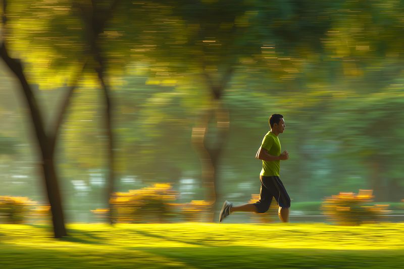 Male runner jogging through a sunlit park with motion blur, capturing dynamic movement among trees and grassy landscape, conveying fitness, speed and outdoor activity.