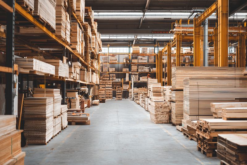 Wide interior view of a timber warehouse with stacked wooden planks and pallets along high industrial shelving, creating a spacious organized storage area for lumber inventory.