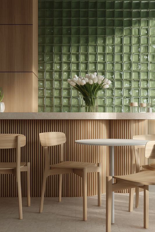 Minimal modern cafe interior featuring wooden chairs and table, textured wood paneling, green glass tile wall and a vase of white tulips on the counter in warm natural light.