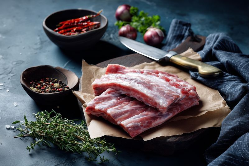 Raw pork ribs arranged on brown paper with fresh herbs, peppercorns and dried chili in rustic kitchen setting. Dramatic lighting highlights texture and marbling of meat.