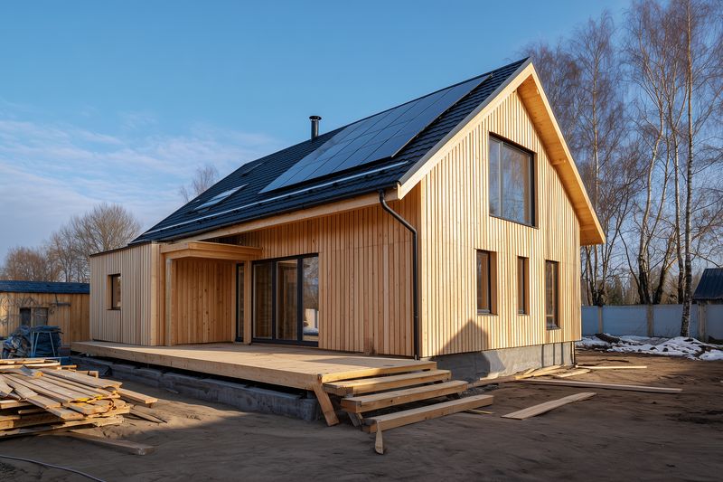 Modern wooden house under construction with solar panels on the roof, spacious porch and large windows, set in a rural landscape with bare trees and with scattered lumber and tools.