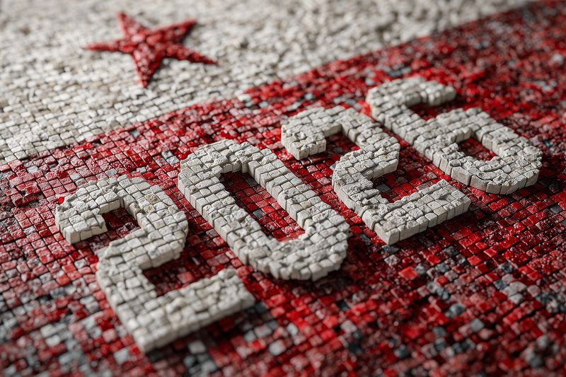 Closeup of a textured mosaic forming the bold numerals 2026 in red and white tiles, creating a three dimensional abstract background symbolizing future, countdown and celebration.