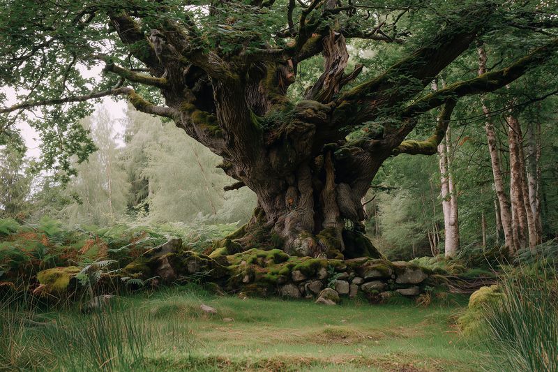 Massive ancient oak tree with twisted gnarled trunk covered in moss, surrounded by lush green ferns, grass and birch saplings, evoking timeless woodland serenity and nature's grandeur.